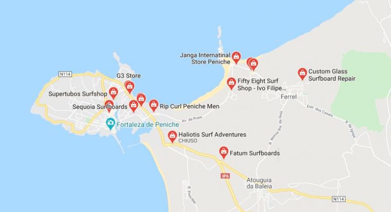Mappa dei Surf Shop a Peniche