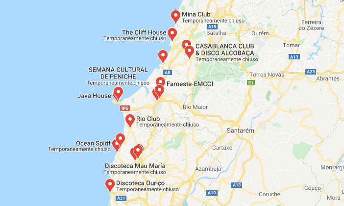 Mappa delle discoteche a Peniche e Dintorni